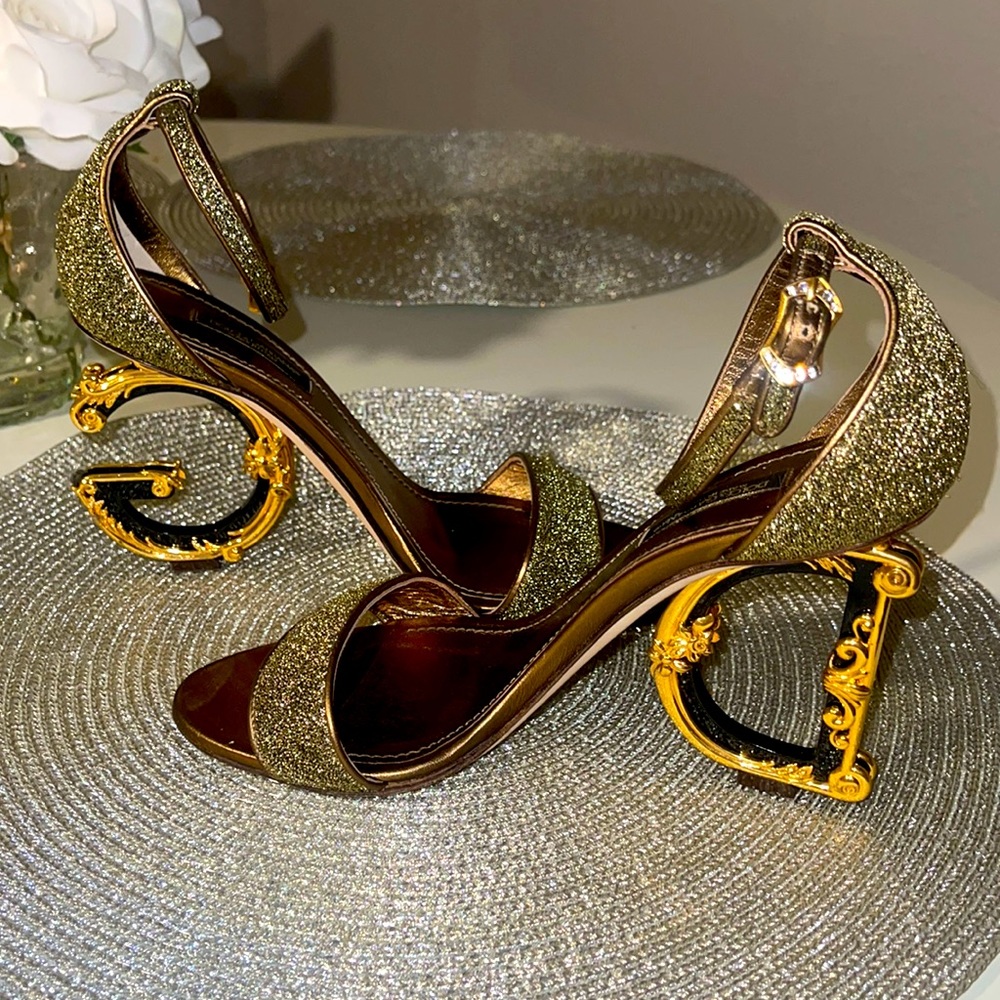 Dolce & Gabbana Gold Lurex Fabric Bette Sculpture Heel Open Toe Sandals